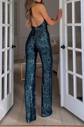 Chic Dark Green V-Neck Sleeveless Sequins Long Jump Suit